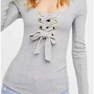 FREE PEOPLE Gray Looking Back Lace-Up Neck Long Sleeve Women's Knit Top Size XS